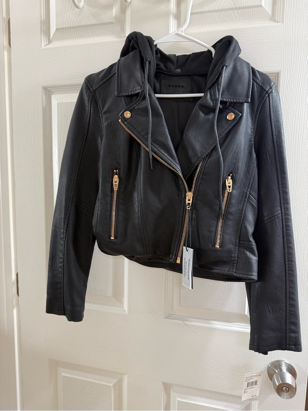 Blank NYC Women’s Black Hooded Faux Leather Moto Jacket with Gold Zippers